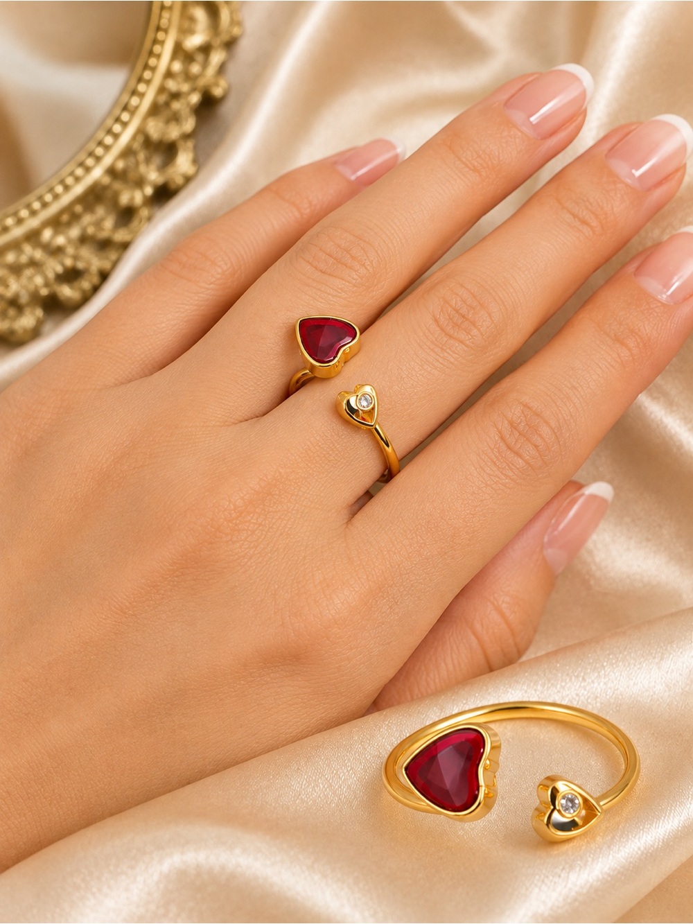 Red Heart Open Ring – Gold Tone Adjustable Statement Ring